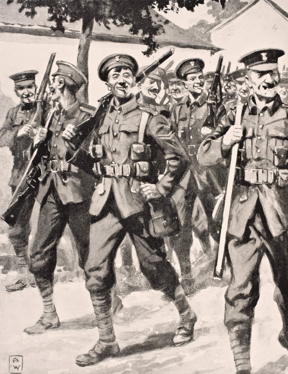 Caricature-like Drawing of Confident British Troops on Way to Front Line Western Front, 1915, from 