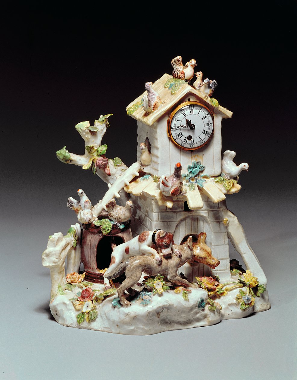 Chelsea porcelain farmyard clock case, Red Anchor period, c.1755 by English School