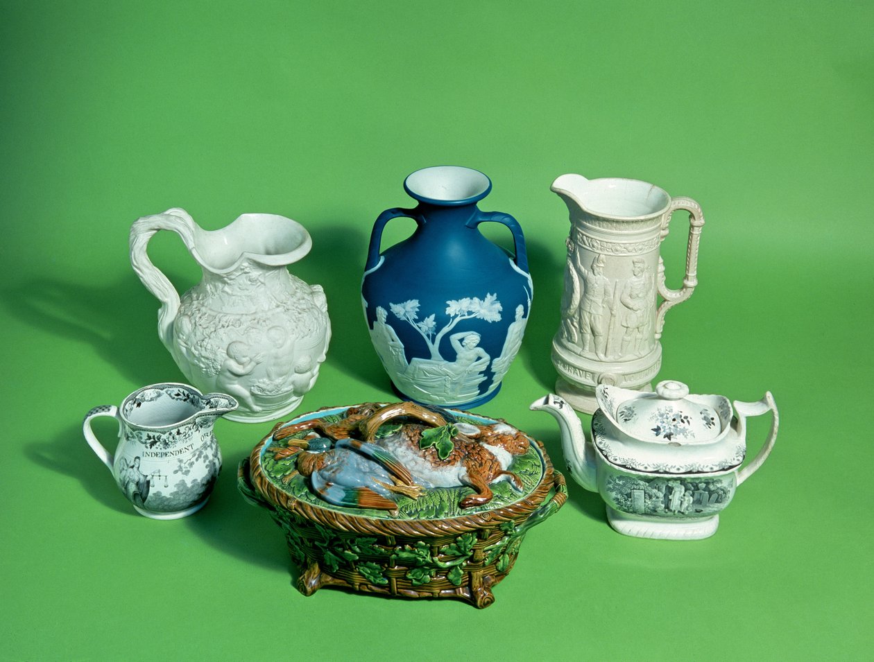 Collection of Wedgwood Victorian pottery; and Victorian pottery including copy of Portland vase by English School