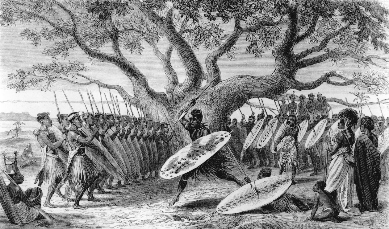 Dance of the Landeens, or Zulus, Arrived at the Shupanga to Lift the Annual Tribute of the Portuguese, engraved by Josiah Wood Whymper by English School