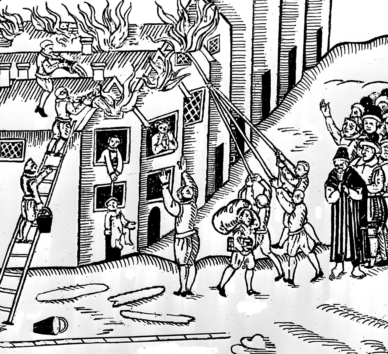 Firefighting at Tiverton, Devon, 1612 by English School