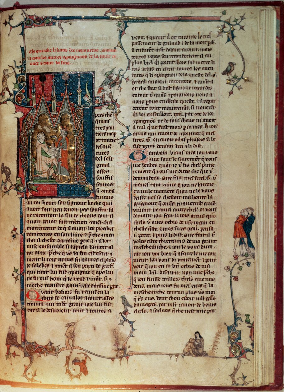 Walter Map taking down a story of the adventures of the Knights of the Round Table on the quest of the Holy Grail at the dictation of King Arthur, from the Manchester Arthurian Roman by English School