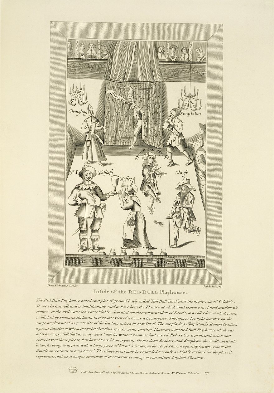 Inside of the Red Bull Playhouse, frontispiece to a collection of drolls by Francis Kirkman first published in 1672, published by William Herbert and Robert Wilkinson, 1809 by English School