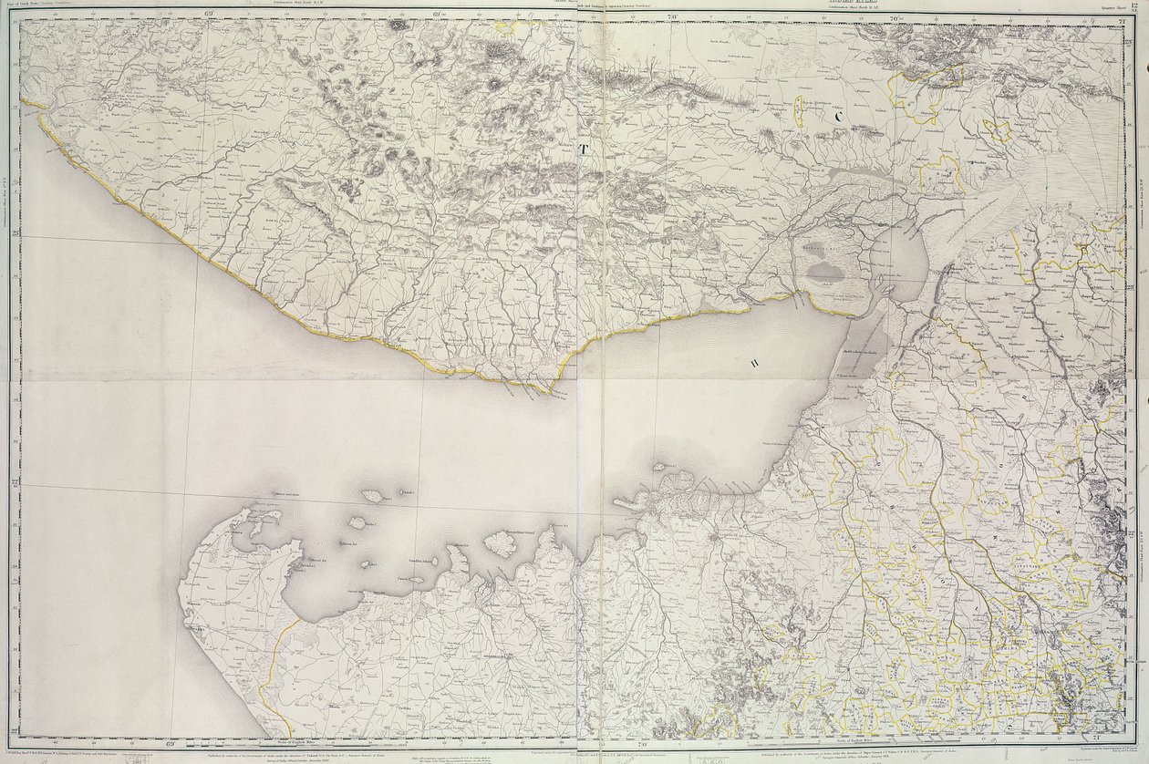 Map of Cutch and Kathiawar, published under the direction of Colonel G.C. de Pree, S.C., Surveyor General of India, 1885 by English School