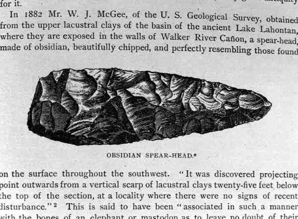 Obsidian Spear Head, found in the Lahontan Sediments, from Narrative and Critical History of America by English School