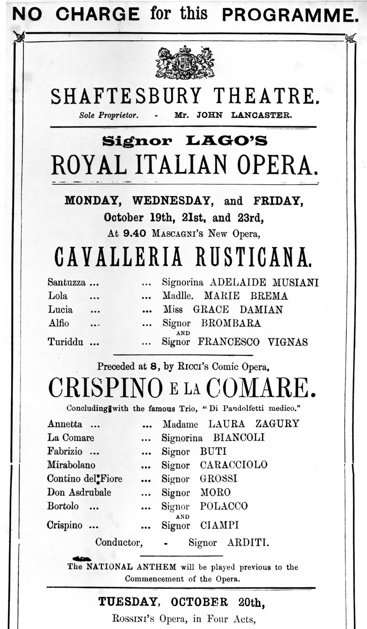 Playbill Advertising a Performance of 
