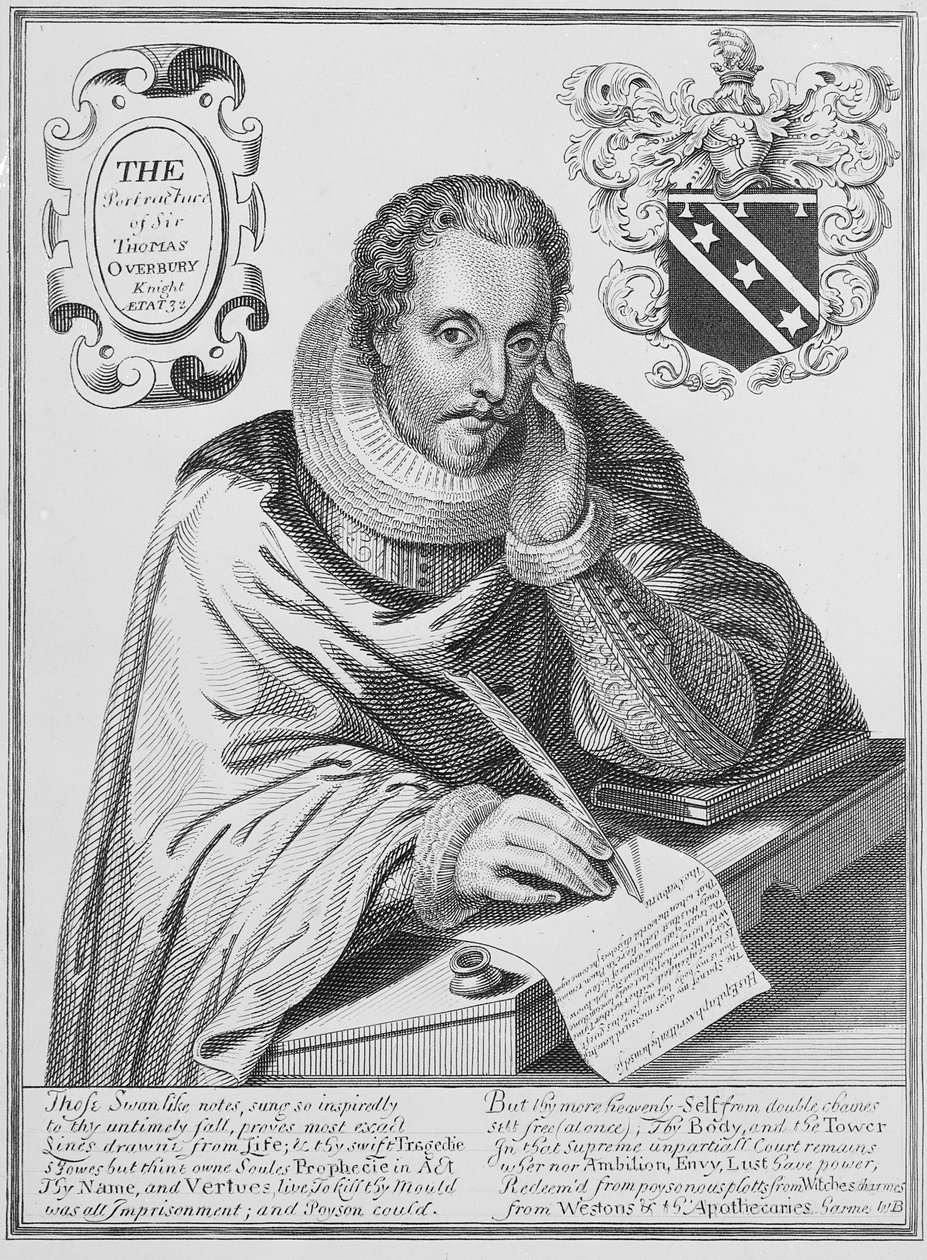 Portrait of Sir Thomas Overbury (1581-1613) writing out his epitaph, engraved by Renold Elstrack, 1613 by English School
