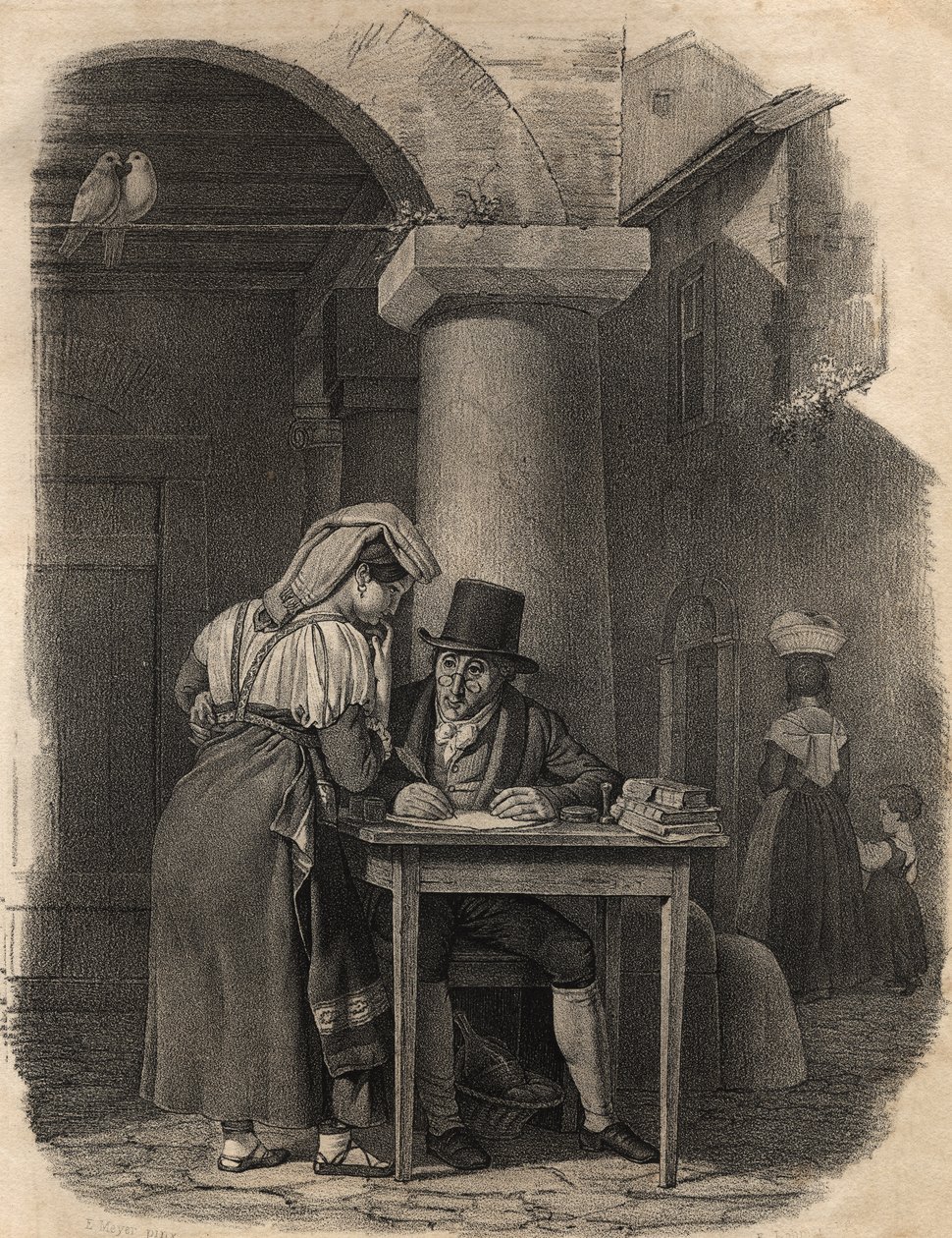 Public Scribe Working in a Market Place by English School