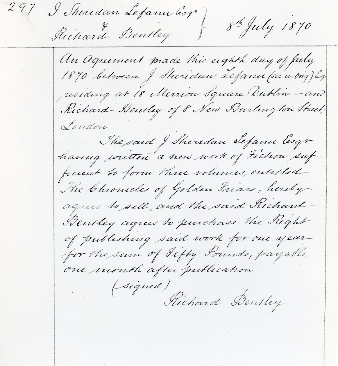 Publishing contract between Joseph Sheridan Le Fanu and Richard Bentley for 