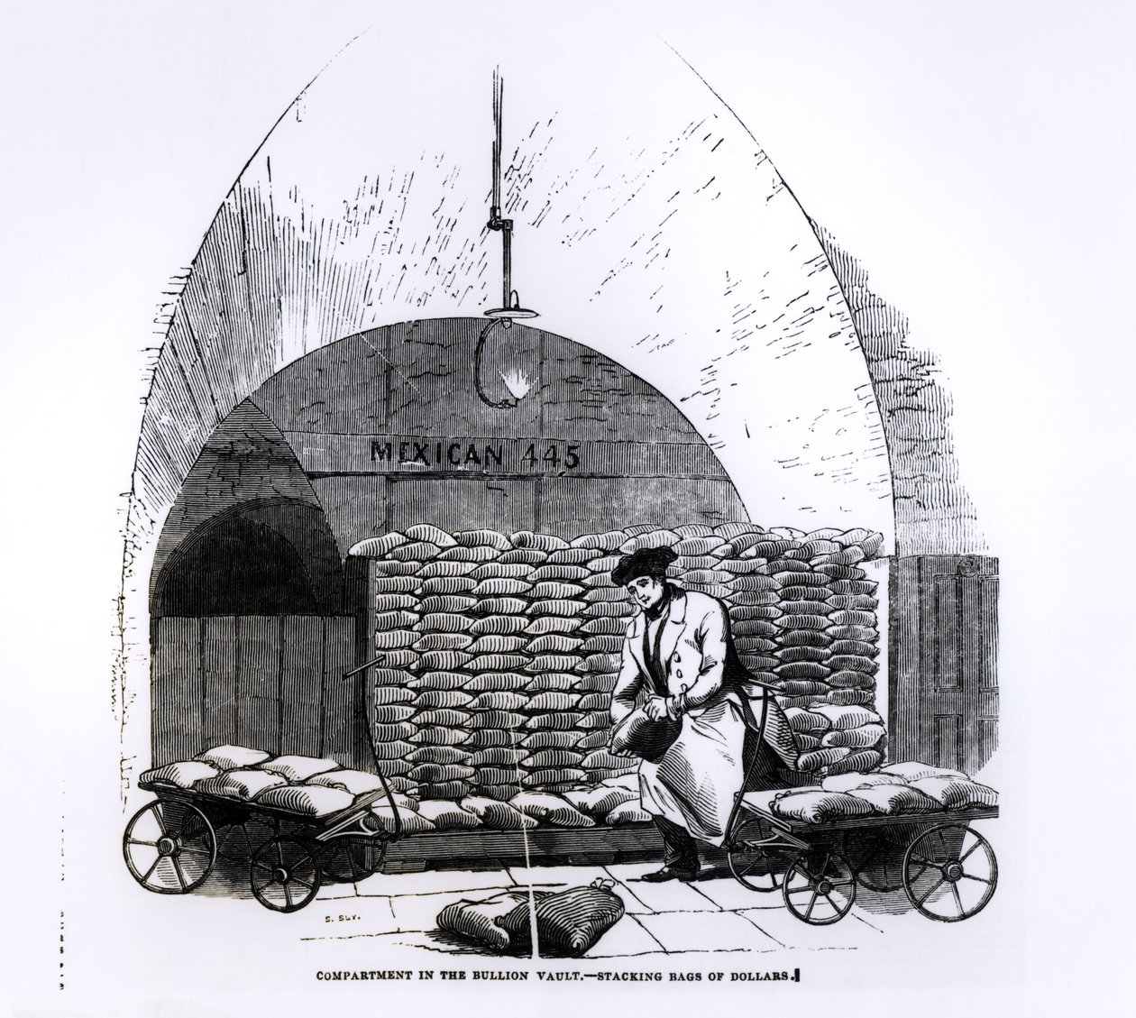 Stacking Bags of Dollars in a Compartment in the Bullion Vault, from 
