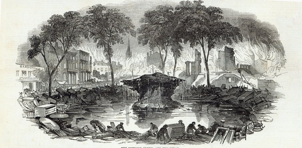 The Bowling-green and Broadway, New York, from The Illustrated London News by English School