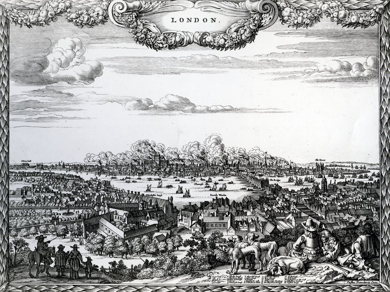 The Great Fire of London, engraved by Justus Danckerts by English School