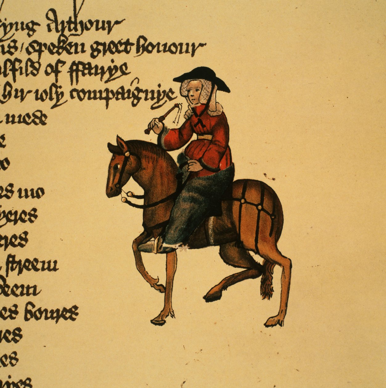 The Wife of Bath (detail) from The Canterbury Tales by Geoffrey Chaucer, Ellesmere Manuscript, facsimile edition, 1911 by English School