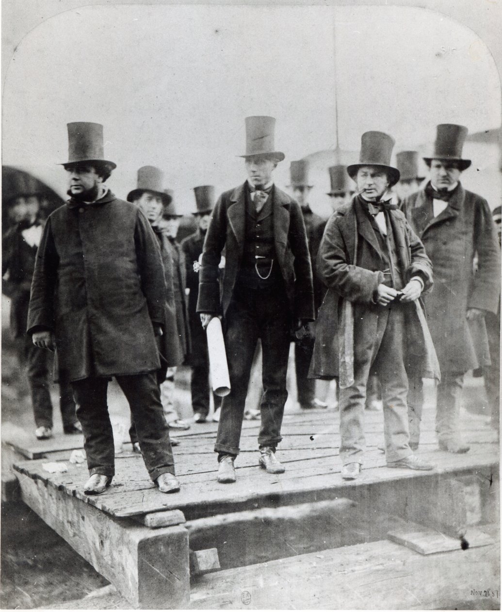 (L to R) John Scott Russell, Henry Wakefield, Isambard Kingdom Brunel and Lord Derby at the launch of the SS Great Eastern by English Photographer