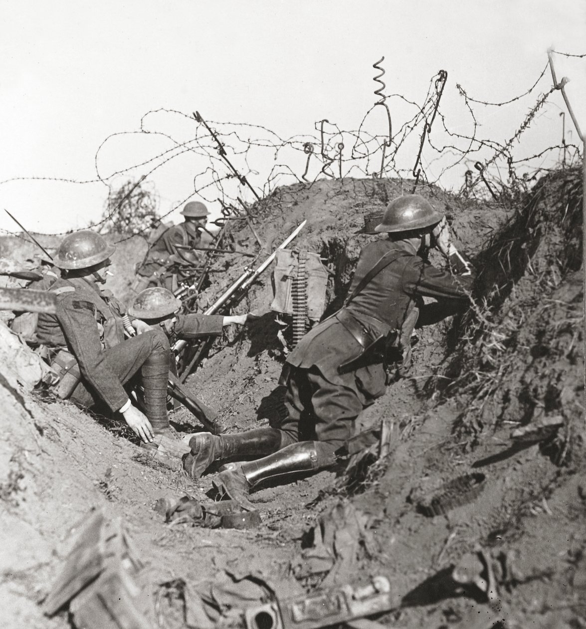 Awaiting the great Hun attack, observation officer and signallers at St Quentin keep a sharp look out by English Photographer