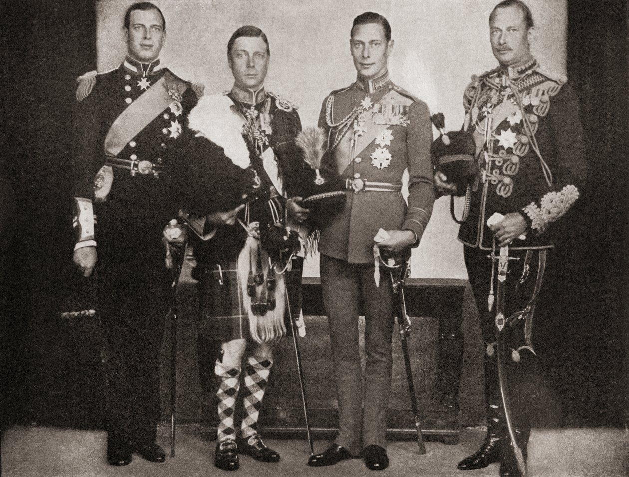 Four of the five sons of King George V, from left to right, Prince George, Duke of Kent, King Edward VIII, later Duke of Windsor, Prince Albert, Duke of York, later King George VI, Prince Henry, Duke by English Photographer
