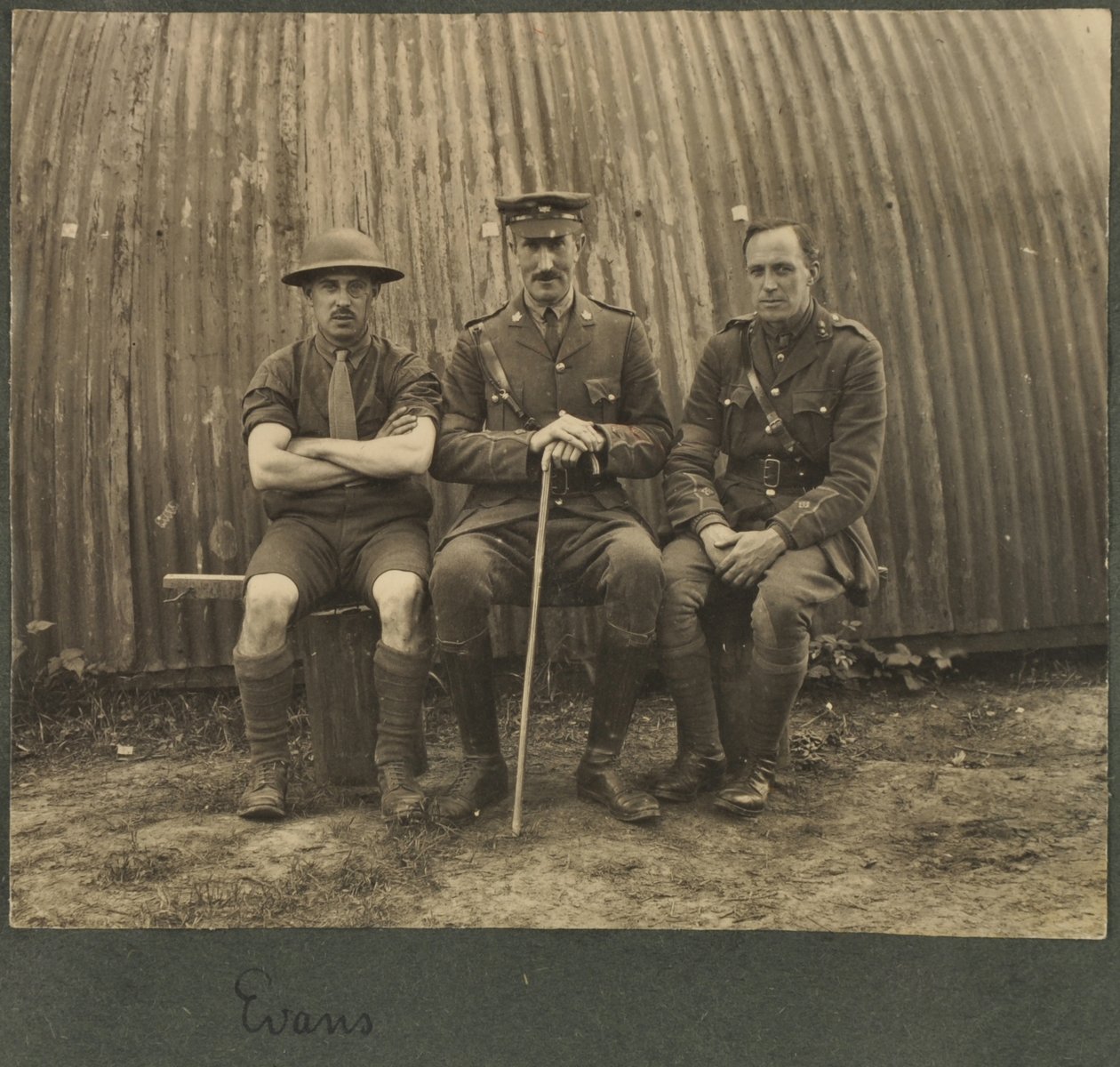 Group of three soldiers outside a Nissan hut, c.1914-18 by English Photographer