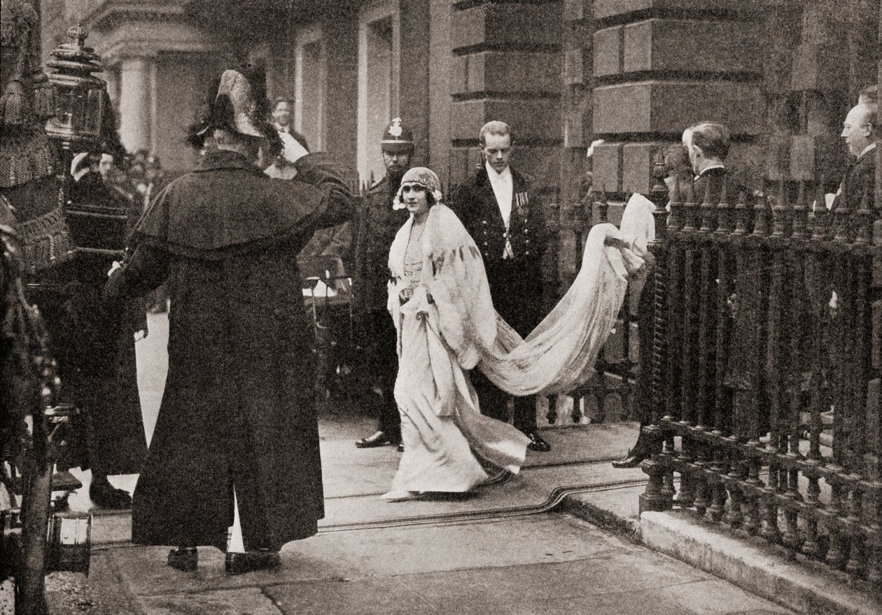 Lady Elizabeth Bowes Lyon on her way to her wedding on April 26, 1923, to H.R.H. The Duke of York, later King George VI, from The Story of Twenty Five Years, published 1935 by English Photographer