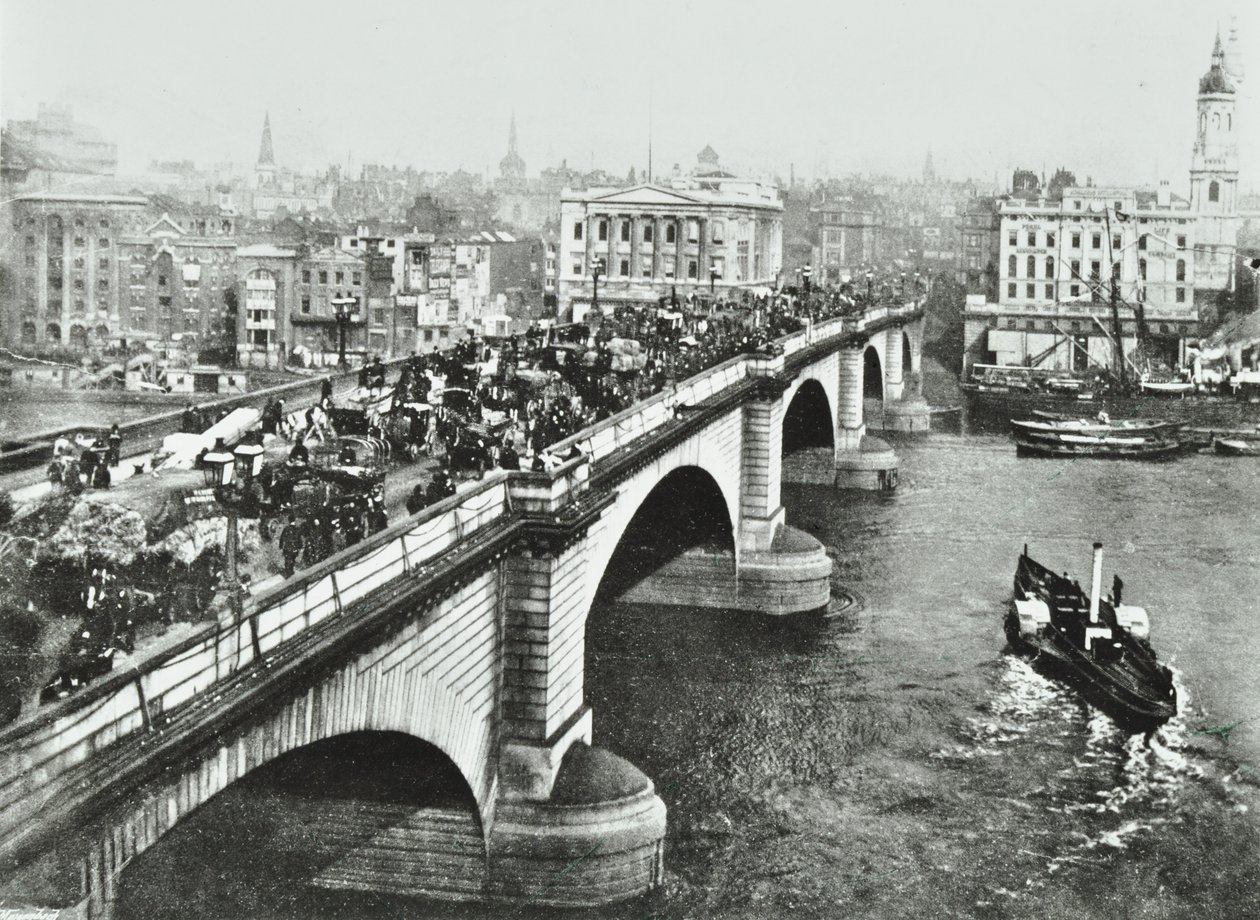 London Bridge: Horse-Drawn Traffic on the Bridge, 1895 by English Photographer