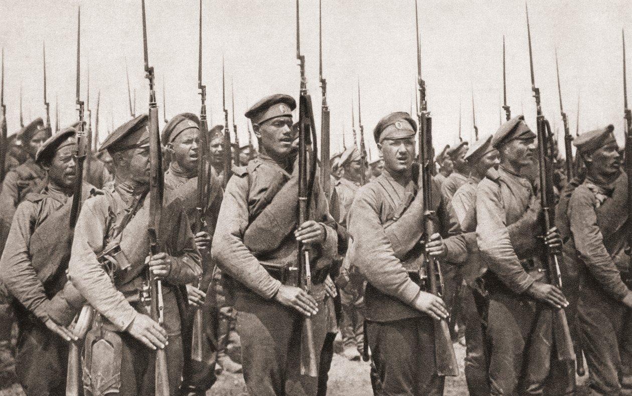 Russian Infantry on Parade and Presenting Arms During World War One, from The Illustrated War News, 1915 by English Photographer