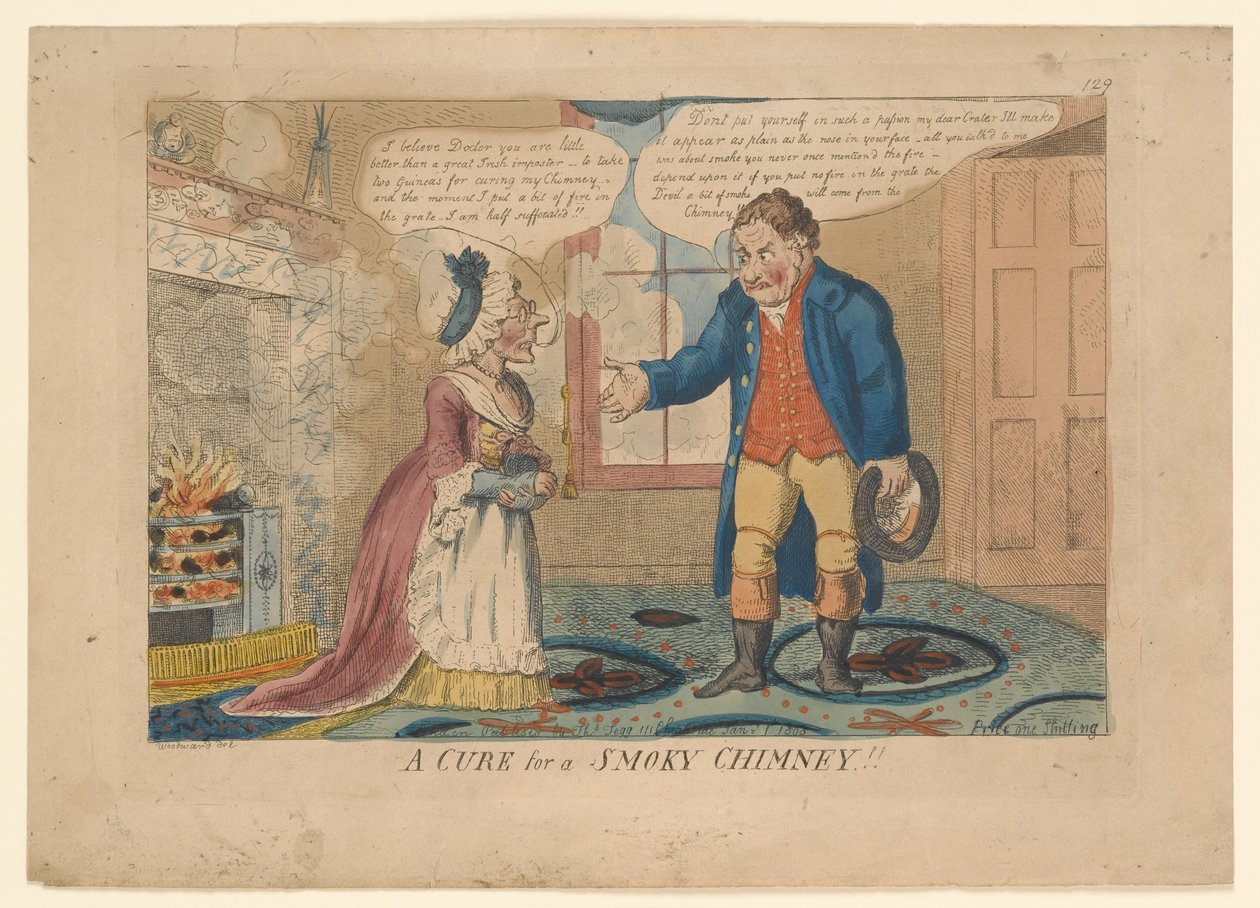 A CURE for a SMOKY CHIMNEY!!, drawn by G. M. Woodward by English School