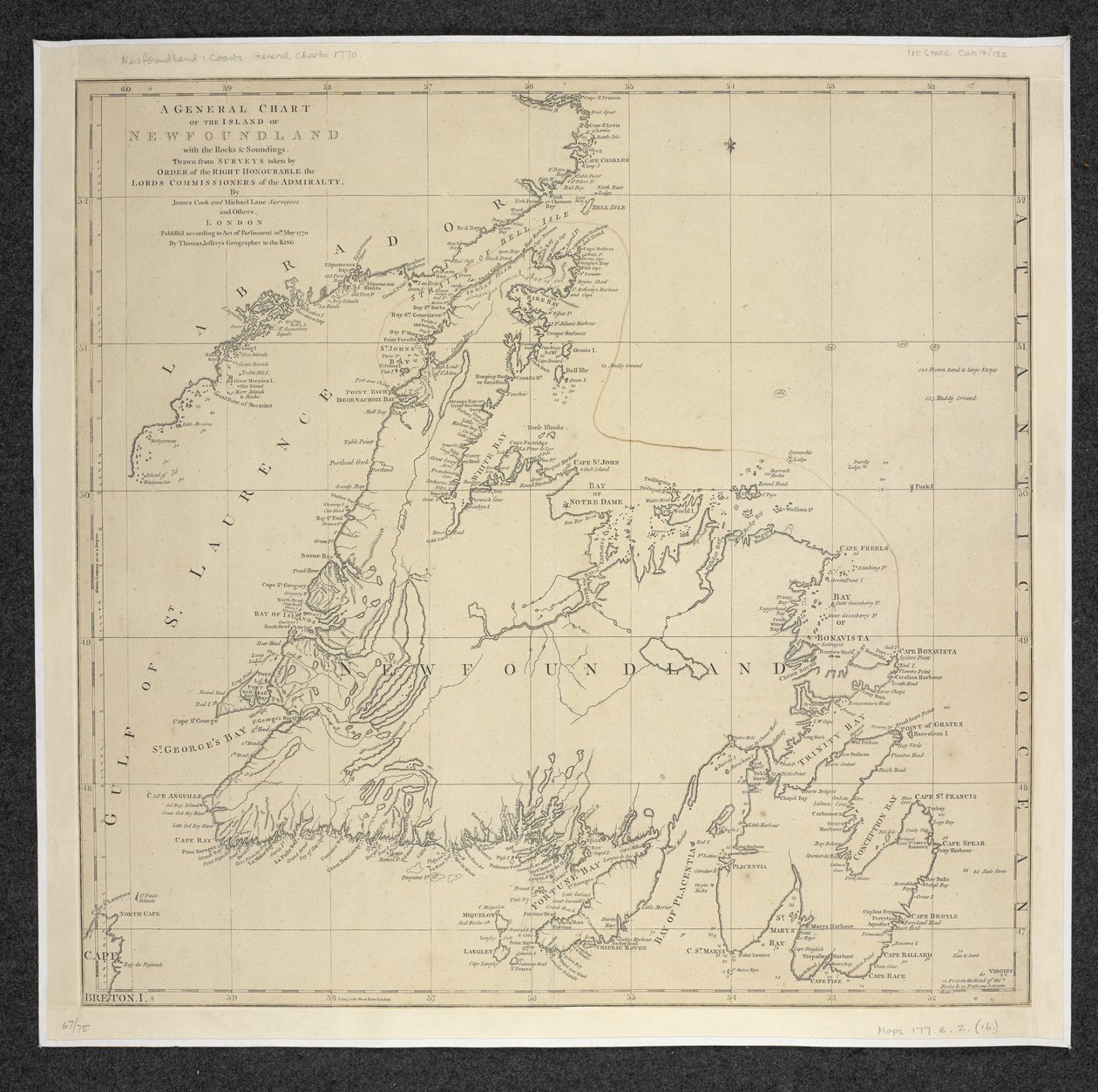 A General Chart of the Island of Newfoundland with the Rocks & Soundings, Drawn from Surveys taken By James Cook and Michael Lane by English School