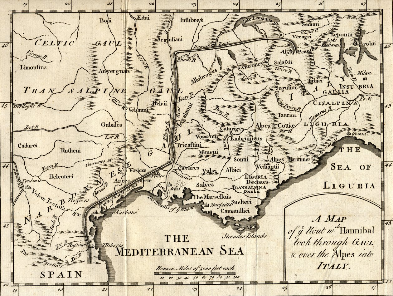 A Map of the Route Hannibal took through Gaul and over the Alps into Italy by English School