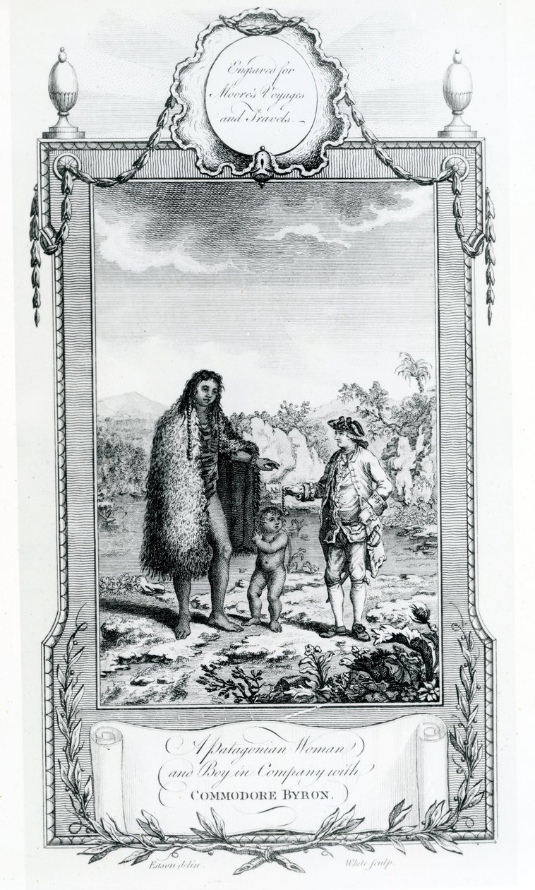A Patagonian Woman and Boy in Company with Commodore Byron, illustration taken from Moore