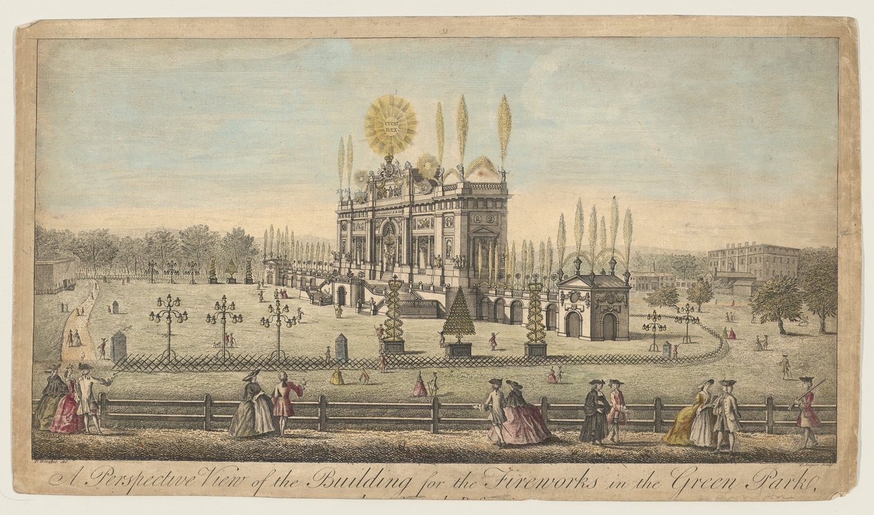 A Perspective View of the Building for the Fireworks in the Green Park, London by English School