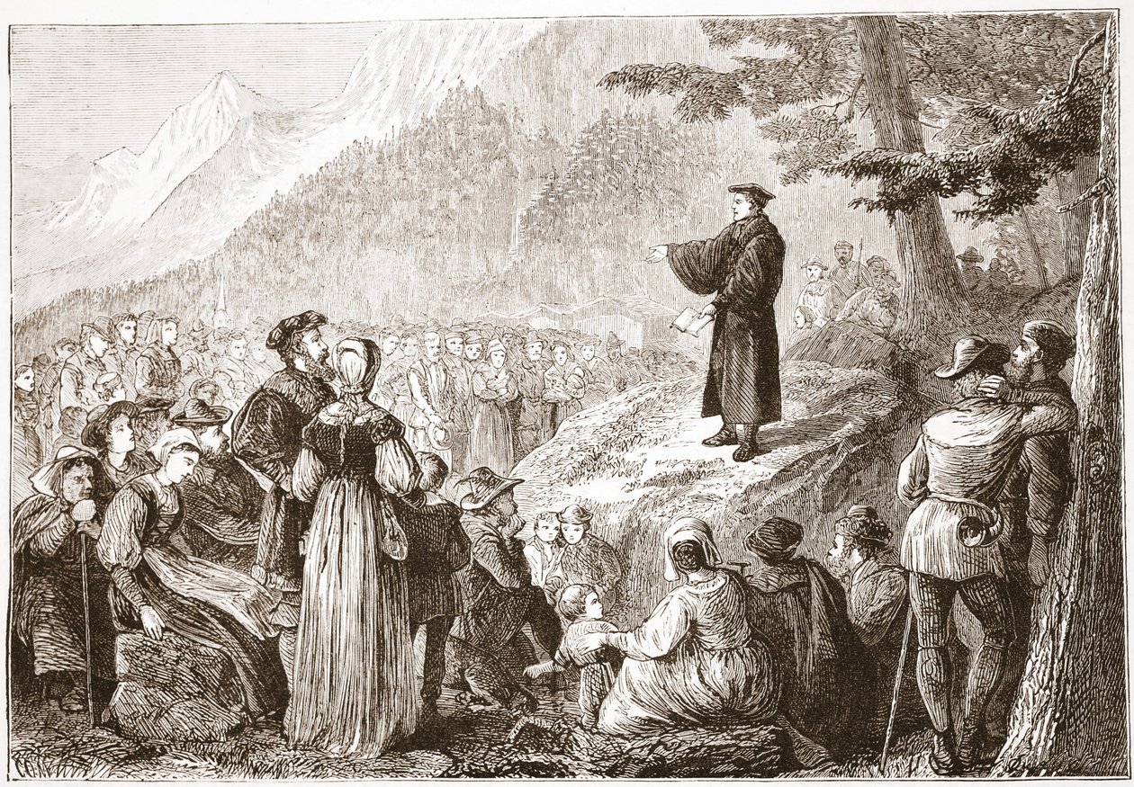 A Swiss Reformer Preaching to his Flock in the Open Field by English School