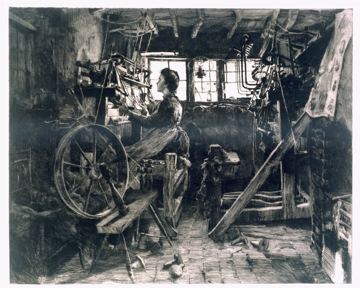 A Typical Weavers loft of the Early Industrial Revolution by English School