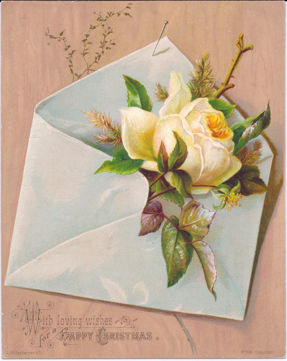 A Victorian Christmas Card Depicting an Envelope with a Rose Protruding from It, c.1880 by English School
