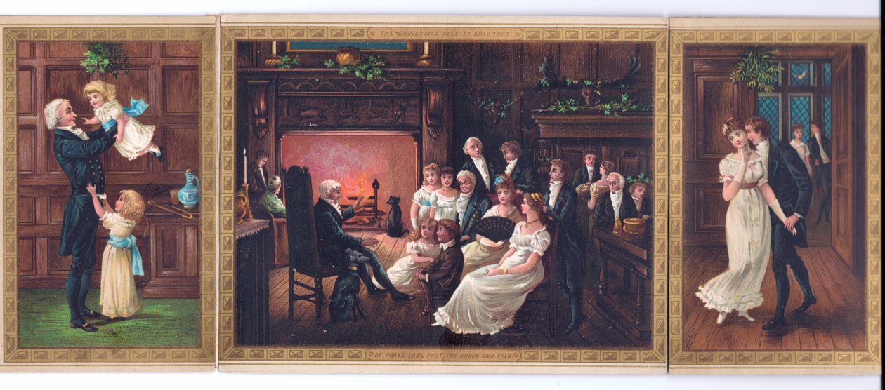 A Victorian Christmas card of a father and his children, a father telling a story to a family group and a gentleman trying to kiss a lady under the mistletoe by English School