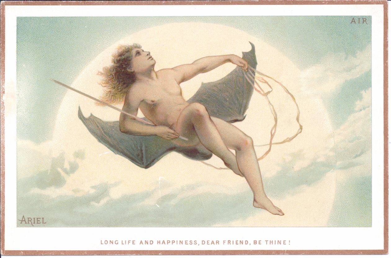 A Victorian Card of a Naked Man Holding a Rod and Sitting on a Pair of Huge Bat Wings Flying through the Clouds, c.1880 by English School