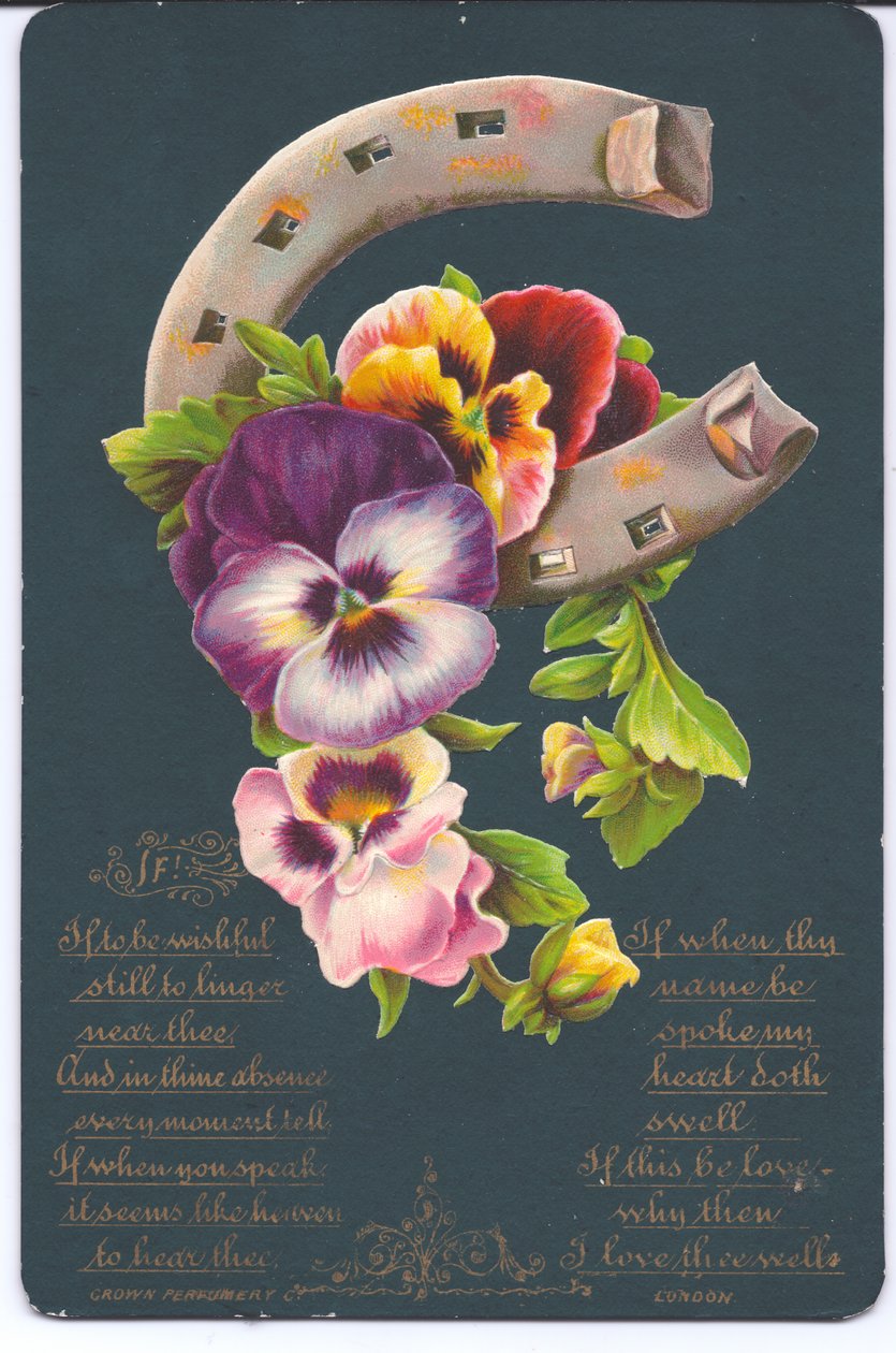 A Victorian good luck greeting card of a horseshoe and pansies, circa 1880 by English School