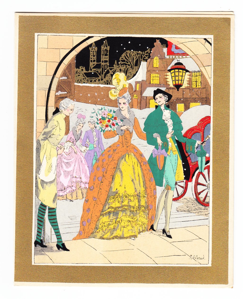 A hand-coloured French Pochoir Christmas Card depicting a footman greeting a pair of visitors in Regency dress, circa 1920 by English School