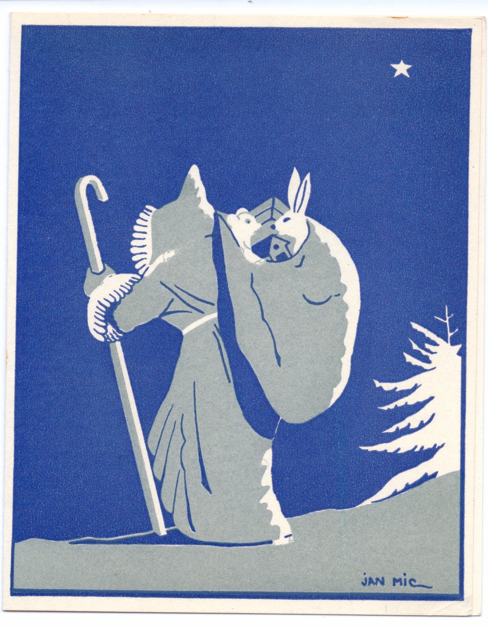 French Pochoir Christmas Card of Father Christmas in Silhouette, Walking with a Stick, c.1920 by English School