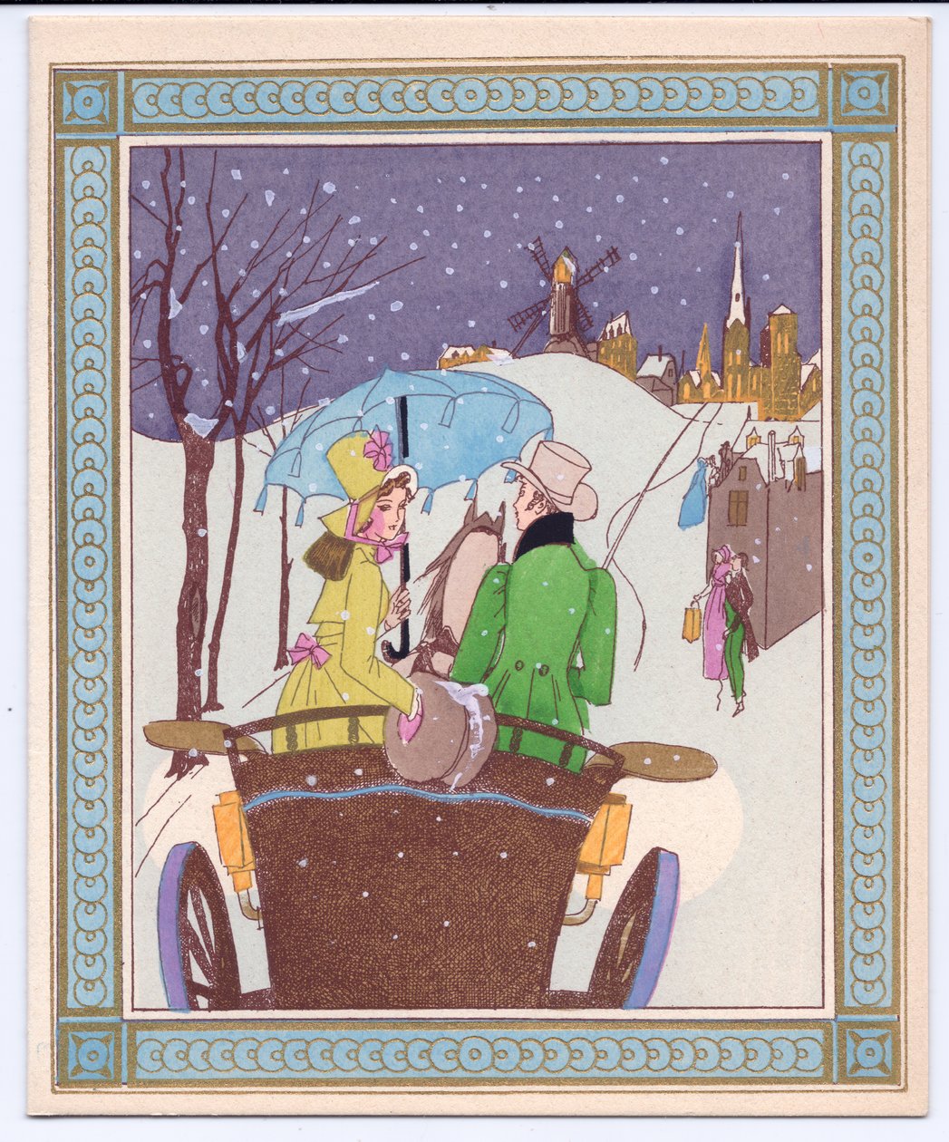 A Hand-Coloured French Pochoir Christmas Card of a Rencecy Couple in an Open Carriage Riding Through the Snow by English School