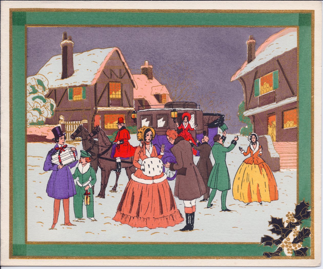 Hand-Coloured French Pochoir Christmas Card of a Village Scene with a Coach and Horses by English School