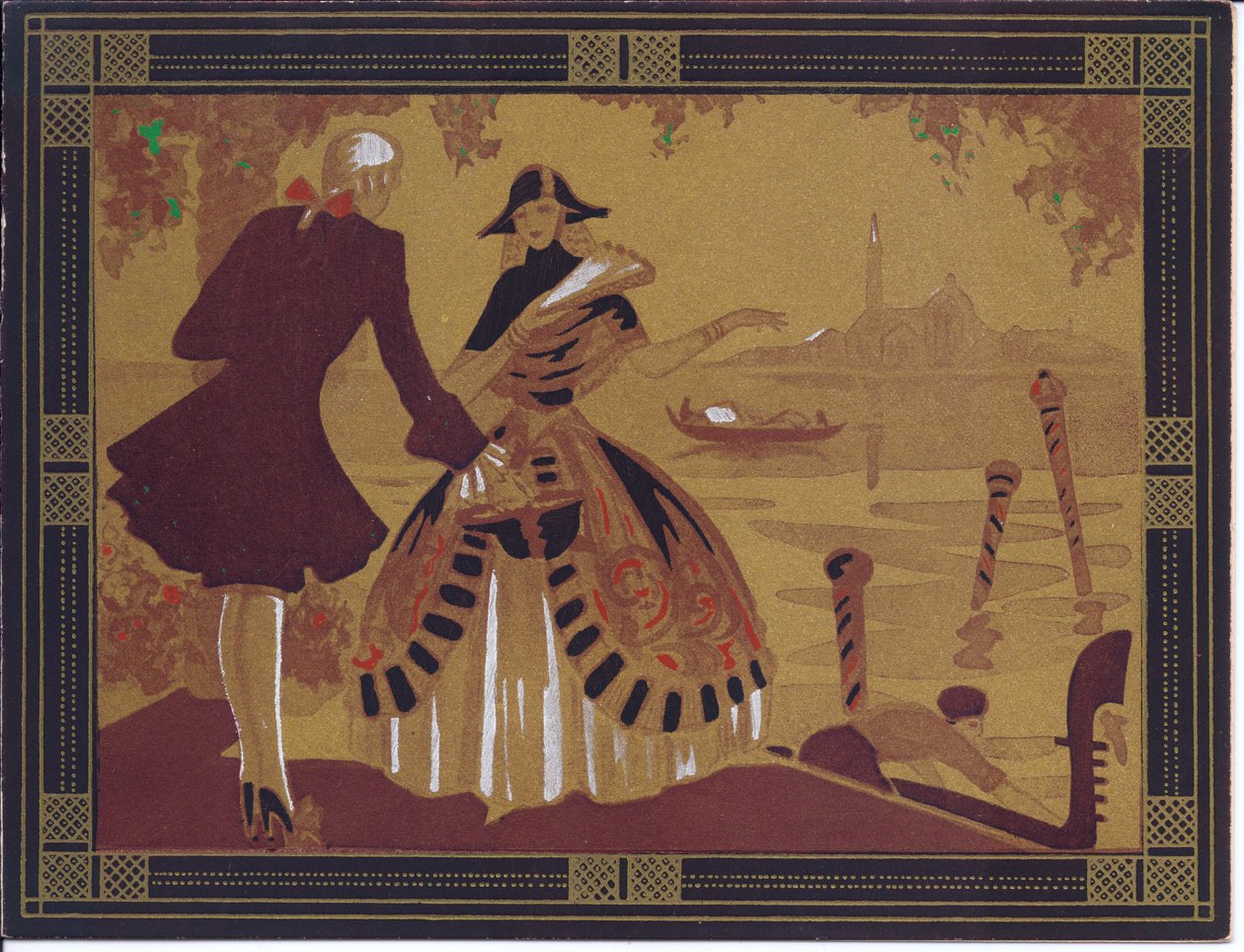 A Hand-Coloured French Pochoir Greeting Card of a Venetian Scene, c.1920 by English School