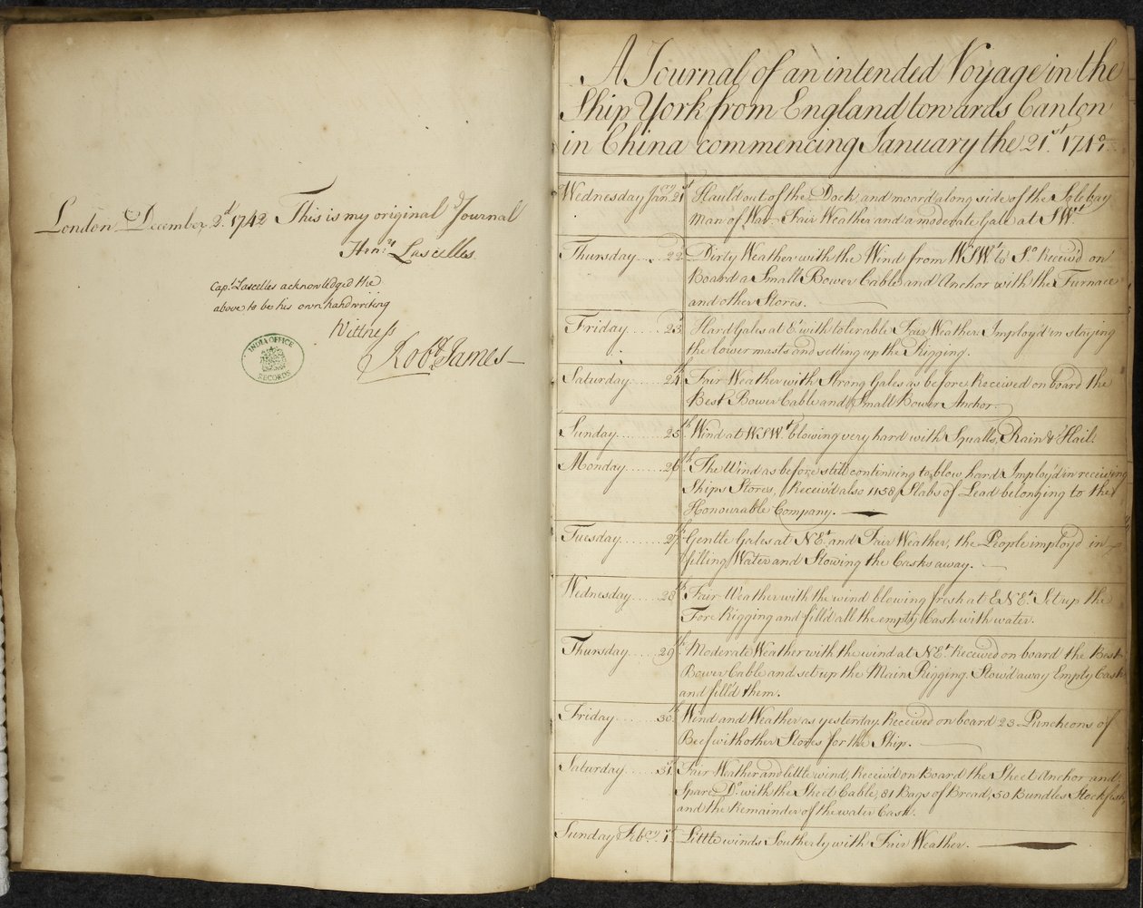 A journal of an intended voyage in the Ship York from England towards Canton in China commencing January 21st by English School