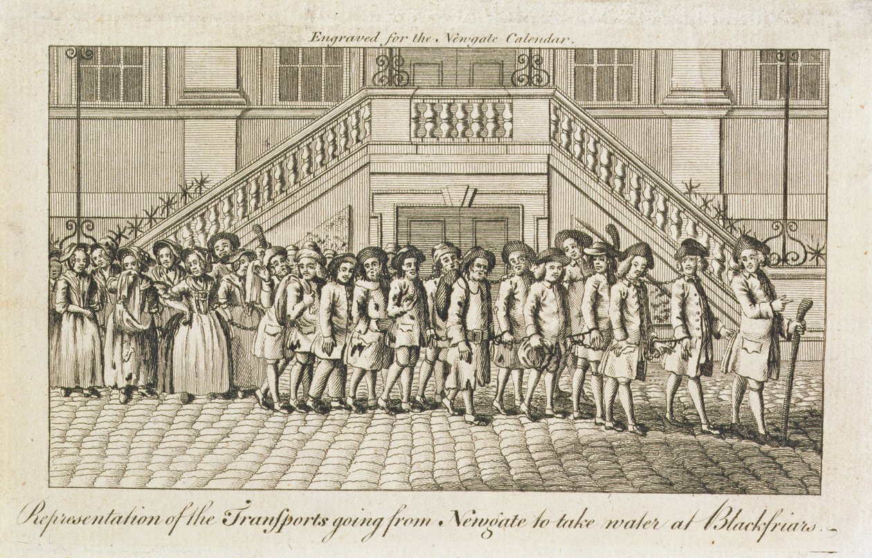 A line of chained convicts from Newgate Prison, Old Bailey, being taken to Blackfriars for transportation, c.1760 by English School