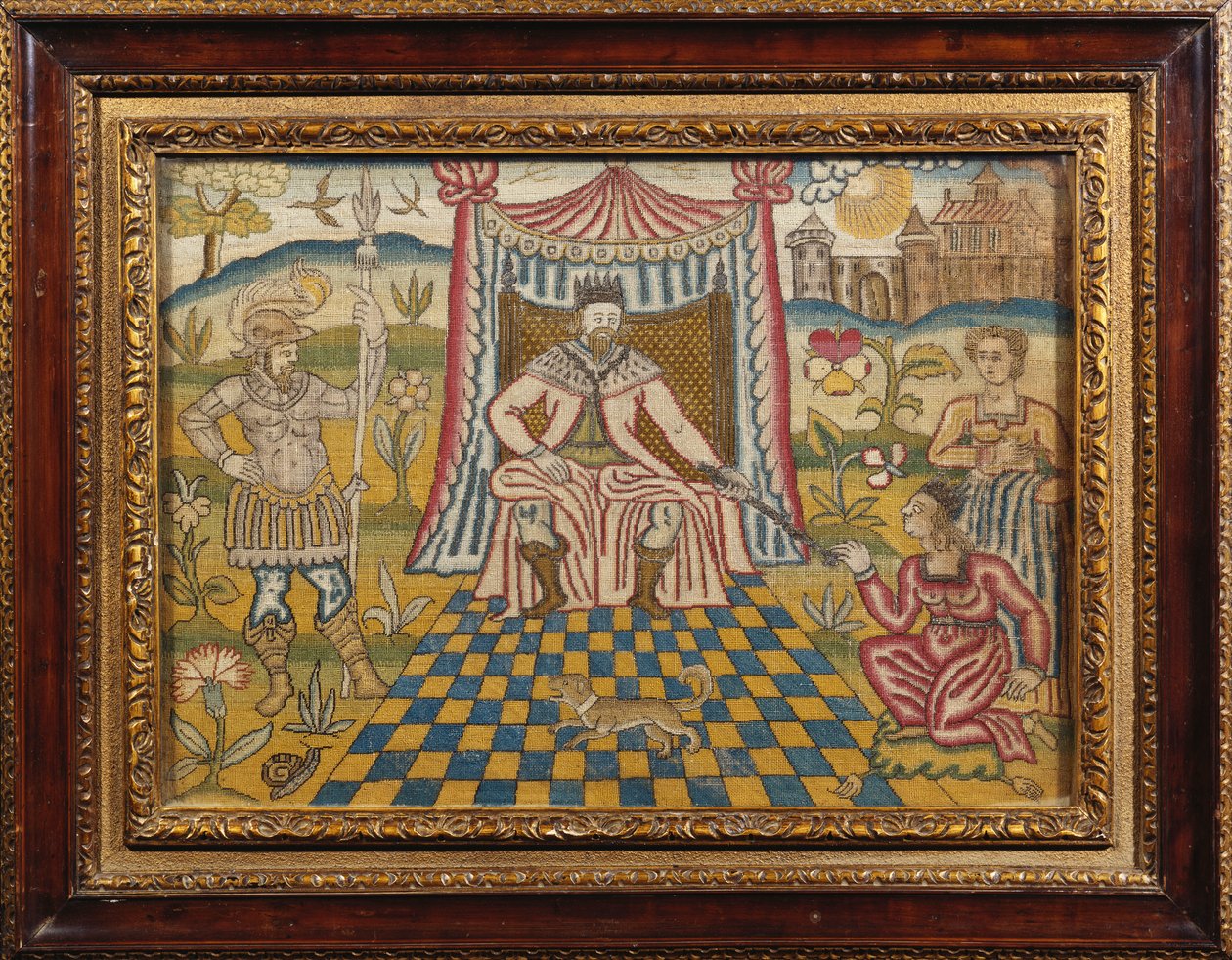 A Needlework Picture Depicting King Ahasuerus Seated Beneath a Canopy, Holding Out His Sceptre to Esther by English School