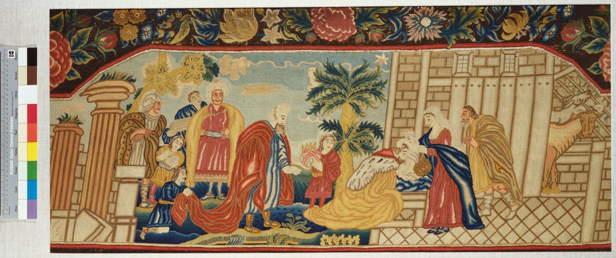 A Needlework Sofa Seat Depicting the Adoration of the Magi by English School