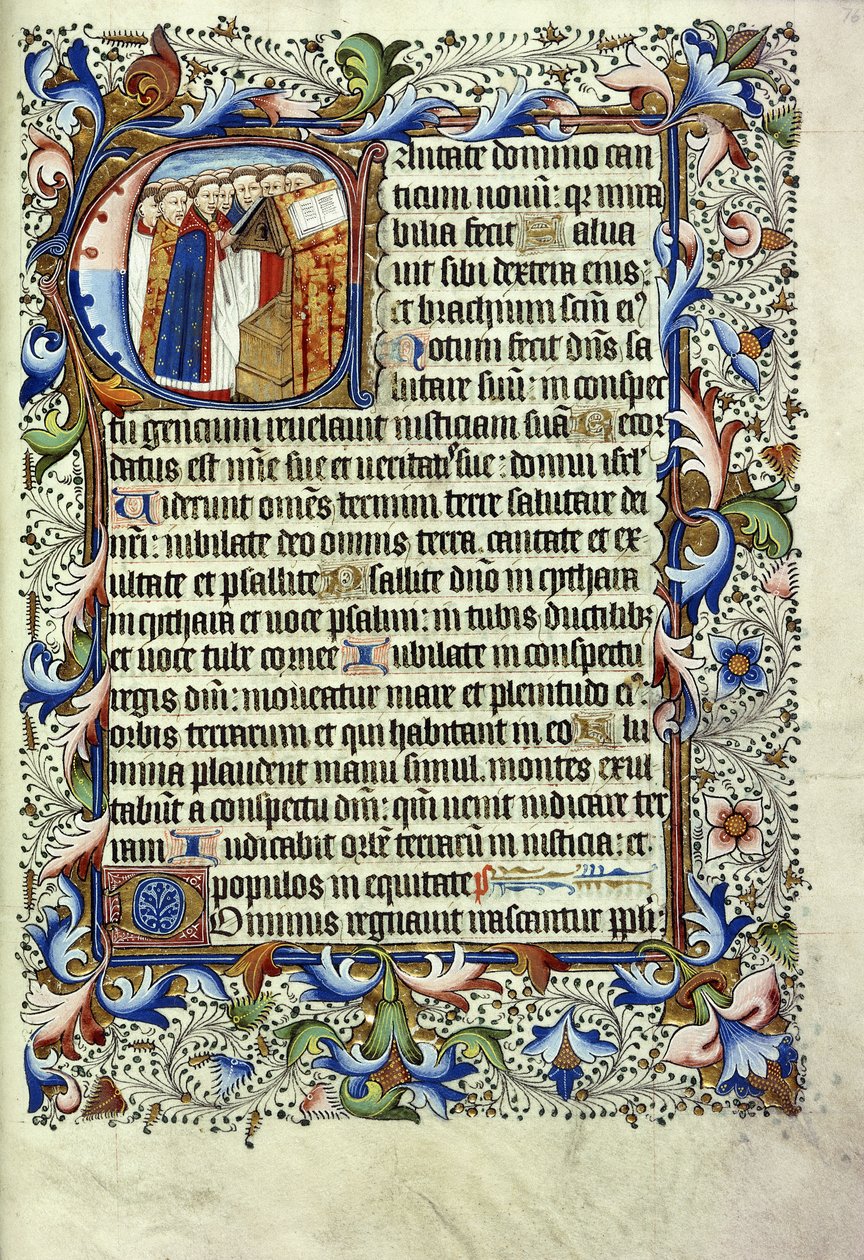A page from a psalter in Latin, with a historiated initial depicting a group of monks standing before a lectern chanting, c.1455 by English School