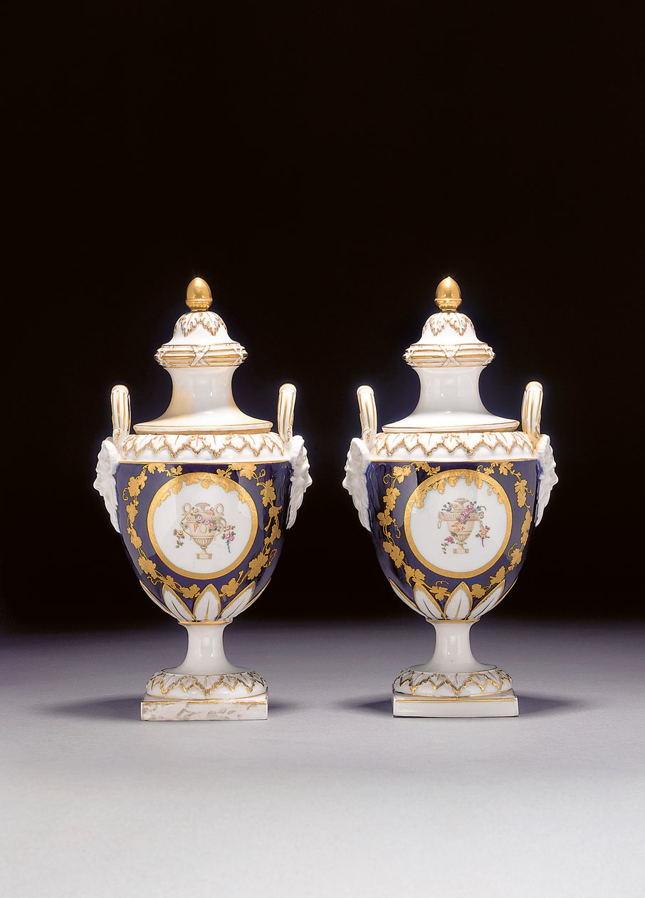 A Pair of Chelsea-Derby Two-Handled Urn-Shaped Vases and Two Covers by English School