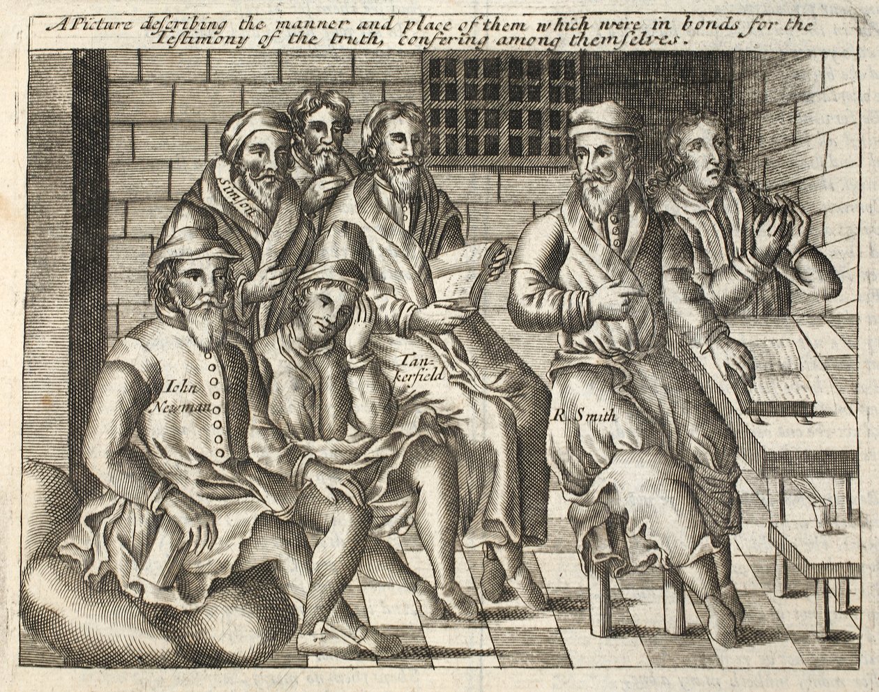 A picture describing the manner and place of those who were in bonds for the Testimony of the truth, conferring among themselves, illustration from Acts and Monuments by John Foxe, ninth edition, published 1684 by English School