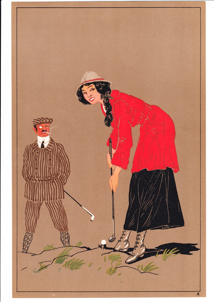 A print of two golfers in comic and humorous postures by English School