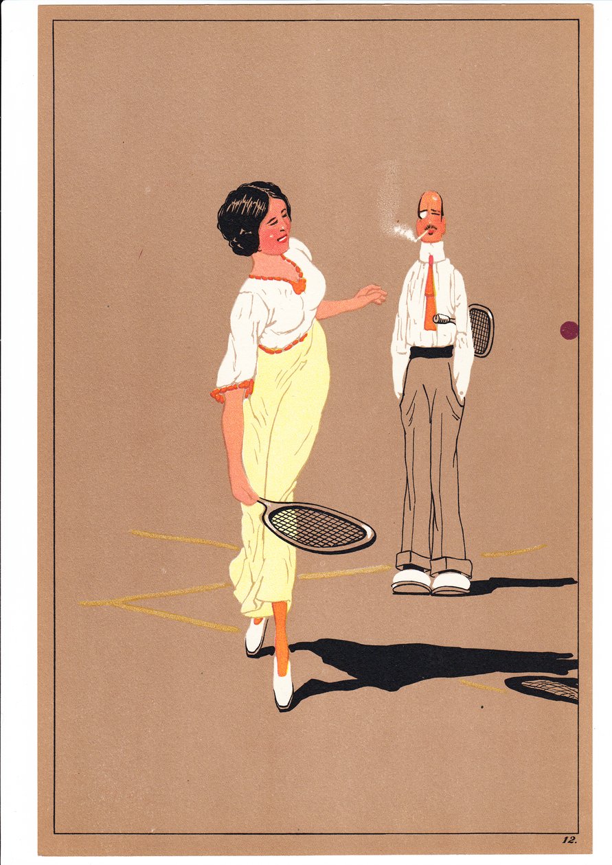 Two Tennis Players in Comic and Humorous Postures by English School