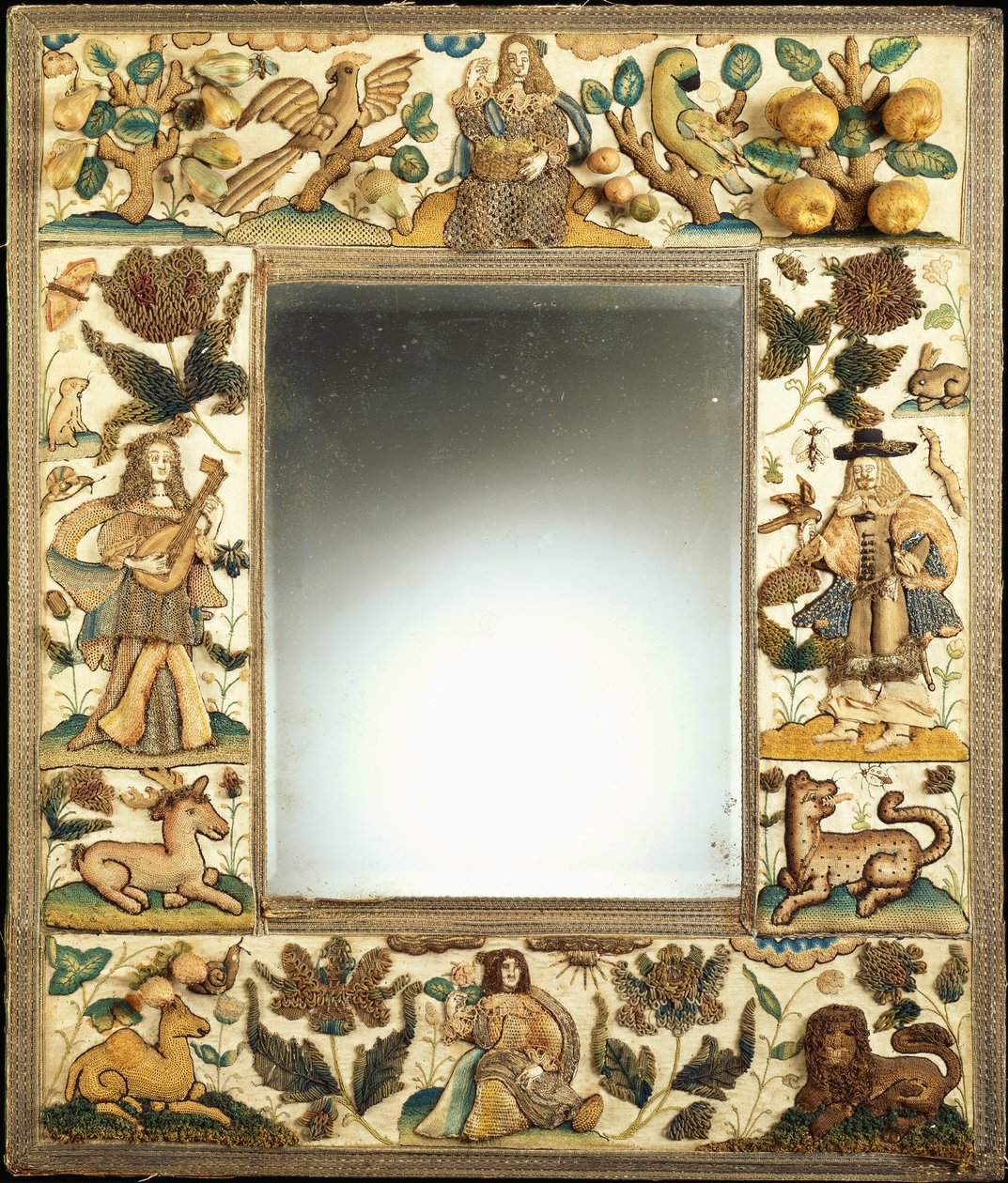 A Raised Work Mirror Depicting a Noble Couple, with Animals, Fruits and Flowers by English School